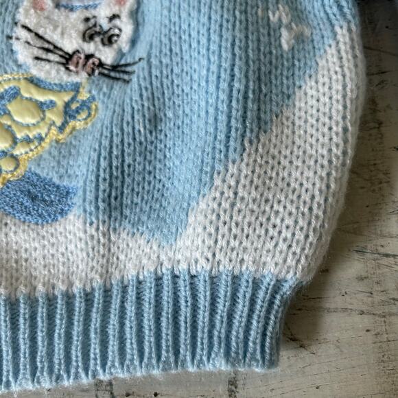 Vintage knit sweater embroidered skiing cat 70s 80s baby    3 / 6 months retro - Picture 8 of 13